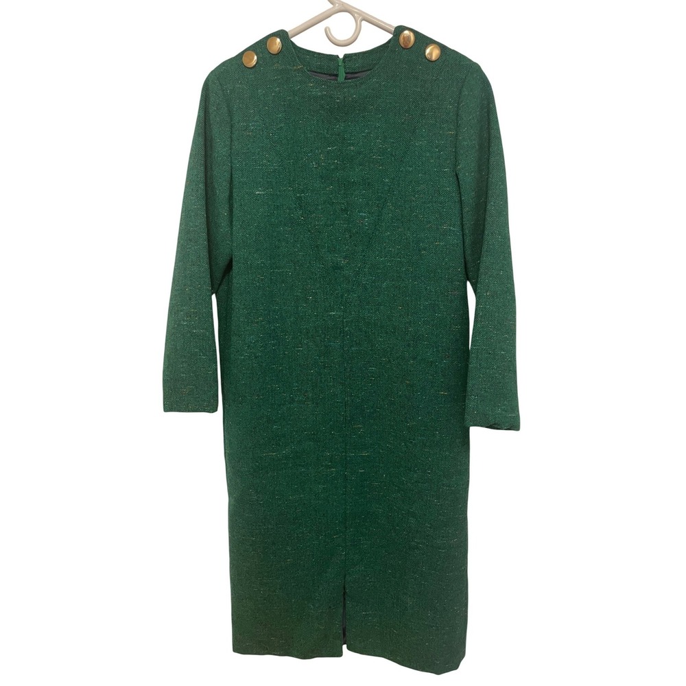 Vintage‎ 1960s Green Wool Mod Sheath Dress Gold Button Shoulder Detail Jackie O
